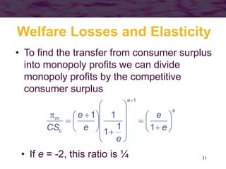 31
Welfare Losses and Elasticity
• To find the transfer from consumer surplus
into monopoly profits we can divide
monopoly profits by the competitive
consumer surplus
e
e
c
m
e
e
e
e
e
CS


























 



11
1
11
1
• If e = -2, this ratio is ¼
 