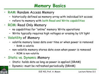 ECE 410, Prof. A. Mason Lecture Notes 13.1
Memory Basics
• RAM: Random Access Memory
– historically defined as memory array with individual bit access
– refers to memory with both Read and Write capabilities
• ROM: Read Only Memory
– no capabilities for “online” memory Write operations
– Write typically requires high voltages or erasing by UV light
• Volatility of Memory
– volatile memory loses data over time or when power is removed
• RAM is volatile
– non-volatile memory stores date even when power is removed
• ROM is non-volatile
• Static vs. Dynamic Memory
– Static: holds data as long as power is applied (SRAM)
– Dynamic: must be refreshed periodically (DRAM)
 