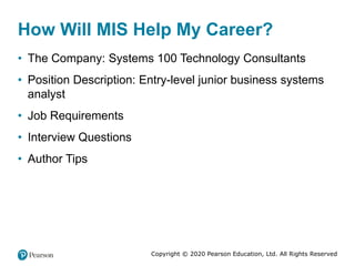 Copyright © 2020 Pearson Education, Ltd. All Rights Reserved
How Will MIS Help My Career?
• The Company: Systems 100 Techn...