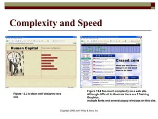 Copyright 2006 John Wiley & Sons, Inc
Complexity and Speed
Figure 13.3 A clean well-designed web
site
Figure 13.4 Too much complexity on a web site.
Although difficult to illustrate there are 3 flashing
Graphics,
multiple fonts and several popup windows on this site.
 