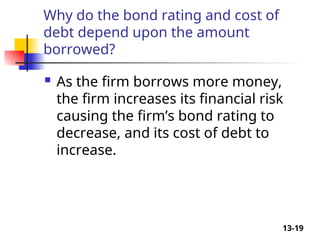 13-19
Why do the bond rating and cost of
debt depend upon the amount
borrowed?
 As the firm borrows more money,
the firm increases its financial risk
causing the firm’s bond rating to
decrease, and its cost of debt to
increase.
 