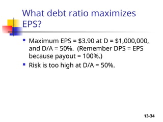 13-34
What debt ratio maximizes
EPS?
 Maximum EPS = $3.90 at D = $1,000,000,
and D/A = 50%. (Remember DPS = EPS
because payout = 100%.)
 Risk is too high at D/A = 50%.
 
