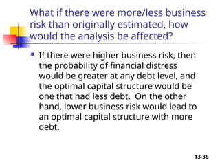 13-36
What if there were more/less business
risk than originally estimated, how
would the analysis be affected?
 If there were higher business risk, then
the probability of financial distress
would be greater at any debt level, and
the optimal capital structure would be
one that had less debt. On the other
hand, lower business risk would lead to
an optimal capital structure with more
debt.
 