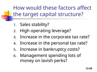 13-38
How would these factors affect
the target capital structure?
1. Sales stability?
2. High operating leverage?
3. Increase in the corporate tax rate?
4. Increase in the personal tax rate?
5. Increase in bankruptcy costs?
6. Management spending lots of
money on lavish perks?
 