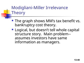 13-40
Modigliani-Miller Irrelevance
Theory
 The graph shows MM’s tax benefit vs.
bankruptcy cost theory.
 Logical, but doesn’t tell whole capital
structure story. Main problem--
assumes investors have same
information as managers.
 