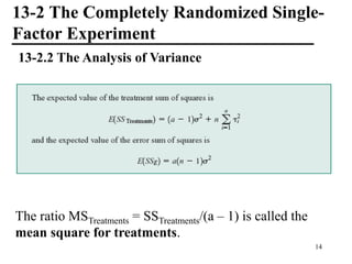 13-2 The Completely Randomized Single-
Factor Experiment
13-2.2 The Analysis of Variance
The ratio MSTreatments = SSTreatments/(a – 1) is called the
mean square for treatments.
14
 
