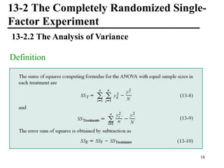 13-2 The Completely Randomized Single-
Factor Experiment
13-2.2 The Analysis of Variance
Definition
16
 