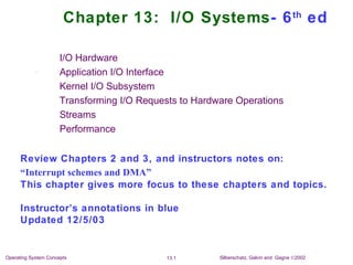 Chapter 13: I/O Systems- 6 th ed

                      I/O Hardware
                      Application I/O Interface
                      Kernel I/O Subsystem
                      Transforming I/O Requests to Hardware Operations
                      Streams
                      Performance


      Review Chapters 2 and 3, and instructors notes on:
      “Interrupt schemes and DMA”
      This chapter gives more focus to these chapters and topics.

      Instructor’s annotations in blue
      Updated 12/5/03


Operating System Concepts                   13.1        Silberschatz, Galvin and Gagne ©2002
 