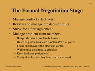 13-12
McGraw-Hill/Irwin ©2006 The McGraw-Hill Companies, Inc., All Rights Reserved
The Formal Negotiation Stage
• Manage conflict effectively
• Review and manage the decision rules
• Strive for a first agreement
• Manage problem team members
– Be specific about problem behaviors
– Describe problem as team problem (“we vs you”)
– Focus on behaviors the other can control
– Wait to give constructive criticism
– Keep feedback professional
– Verify that the other has heard and understood
 