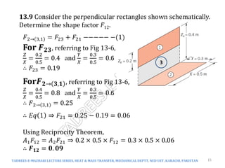 TADREES-E-MAZHARI LECTURE SERIES, HEAT & MASS TRANSFER, MECHANICAL DEPTT, NED UET, KARACHI, PAKISTAN 15
13.9 Consider the perpendicular rectangles shown schematically.
Determine the shape factor F12.
3
𝐹2→ 3,1 = 𝐹23 + 𝐹21 −−−−− −(1)
For 𝑭𝟐𝟑, referring to Fig 13-6,
𝑍
𝑋
=
0.2
0.5
= 0.4 and
𝑌
𝑋
=
0.3
0.5
= 0.6
∴ 𝐹23 = 0.19
For𝑭𝟐→ 𝟑,𝟏 , referring to Fig 13-6,
𝑍
𝑋
=
0.4
0.5
= 0.8 and
𝑌
𝑋
=
0.3
0.5
= 0.6
∴ 𝐹2→ 3,1 = 0.25
∴ 𝐸𝑞 1 ⇒ 𝐹21 = 0.25 − 0.19 = 0.06
Using Reciprocity Theorem,
𝐴1𝐹12 = 𝐴2𝐹21 ⇒ 0.2 × 0.5 × 𝐹12 = 0.3 × 0.5 × 0.06
∴ 𝑭𝟏𝟐 = 𝟎. 𝟎𝟗
 