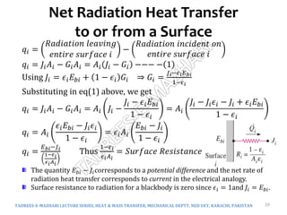 Net Radiation Heat Transfer
to or from a Surface
TADREES-E-MAZHARI LECTURE SERIES, HEAT & MASS TRANSFER, MECHANICAL DEPTT, NED UET, KARACHI, PAKISTAN 19
𝑞𝑖 =
𝑅𝑎𝑑𝑖𝑎𝑡𝑖𝑜𝑛 𝑙𝑒𝑎𝑣𝑖𝑛𝑔
𝑒𝑛𝑡𝑖𝑟𝑒 𝑠𝑢𝑟𝑓𝑎𝑐𝑒 𝑖
−
𝑅𝑎𝑑𝑖𝑎𝑡𝑖𝑜𝑛 𝑖𝑛𝑐𝑖𝑑𝑒𝑛𝑡 𝑜𝑛
𝑒𝑛𝑡𝑖𝑟𝑒 𝑠𝑢𝑟𝑓𝑎𝑐𝑒 𝑖
𝑞𝑖 = 𝐽𝑖𝐴𝑖 − 𝐺𝑖𝐴𝑖 = 𝐴𝑖 𝐽𝑖 − 𝐺𝑖 −−− − 1
Using 𝐽𝑖 = 𝜖𝑖𝐸𝑏𝑖 + 1 − 𝜖𝑖 𝐺𝑖 ⇒ 𝐺𝑖 =
𝐽𝑖−𝜖𝑖𝐸𝑏𝑖
1−𝜖𝑖
Substituting in eq(1) above, we get
𝑞𝑖 = 𝐽𝑖𝐴𝑖 − 𝐺𝑖𝐴𝑖 = 𝐴𝑖 𝐽𝑖 −
𝐽𝑖 − 𝜖𝑖𝐸𝑏𝑖
1 − 𝜖𝑖
= 𝐴𝑖
𝐽𝑖 − 𝐽𝑖𝜖𝑖 − 𝐽𝑖 + 𝜖𝑖𝐸𝑏𝑖
1 − 𝜖𝑖
𝑞𝑖 = 𝐴𝑖
𝜖𝑖𝐸𝑏𝑖 − 𝐽𝑖𝜖𝑖
1 − 𝜖𝑖
= 𝜖𝑖𝐴𝑖
𝐸𝑏𝑖 − 𝐽𝑖
1 − 𝜖𝑖
𝑞𝑖 =
𝐸𝑏𝑖−𝐽𝑖
1−𝜖𝑖
𝜖𝑖𝐴𝑖
Thus
1−𝜖𝑖
𝜖𝑖𝐴𝑖
= 𝑆𝑢𝑟𝑓𝑎𝑐𝑒 𝑅𝑒𝑠𝑖𝑠𝑡𝑎𝑛𝑐𝑒
The quantity 𝐸𝑏𝑖 − 𝐽𝑖corresponds to a potential difference and the net rate of
radiation heat transfer corresponds to current in the electrical analogy.
Surface resistance to radiation for a blackbody is zero since 𝜖𝑖 = 1and 𝐽𝑖 = 𝐸𝑏𝑖.
 