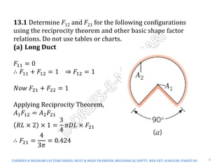 TADREES-E-MAZHARI LECTURE SERIES, HEAT & MASS TRANSFER, MECHANICAL DEPTT, NED UET, KARACHI, PAKISTAN 9
13.1 Determine F12 and F21 for the following configurations
using the reciprocity theorem and other basic shape factor
relations. Do not use tables or charts.
(a) Long Duct
𝐹11 = 0
∴ 𝐹11 + 𝐹12 = 1 ⇒ 𝐹12 = 1
𝑁𝑜𝑤 𝐹21 + 𝐹22 = 1
Applying Reciprocity Theorem,
𝐴1𝐹12 = 𝐴2𝐹21
𝑅𝐿 × 2 × 1 =
3
4
𝜋𝐷𝐿 × 𝐹21
∴ 𝐹21 =
4
3𝜋
= 0.424
 