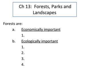Ch 13: Forests, Parks and
Landscapes
Forests are:
a. Economically important
1.
b. Ecologically important
1.
2.
3.
4.
 