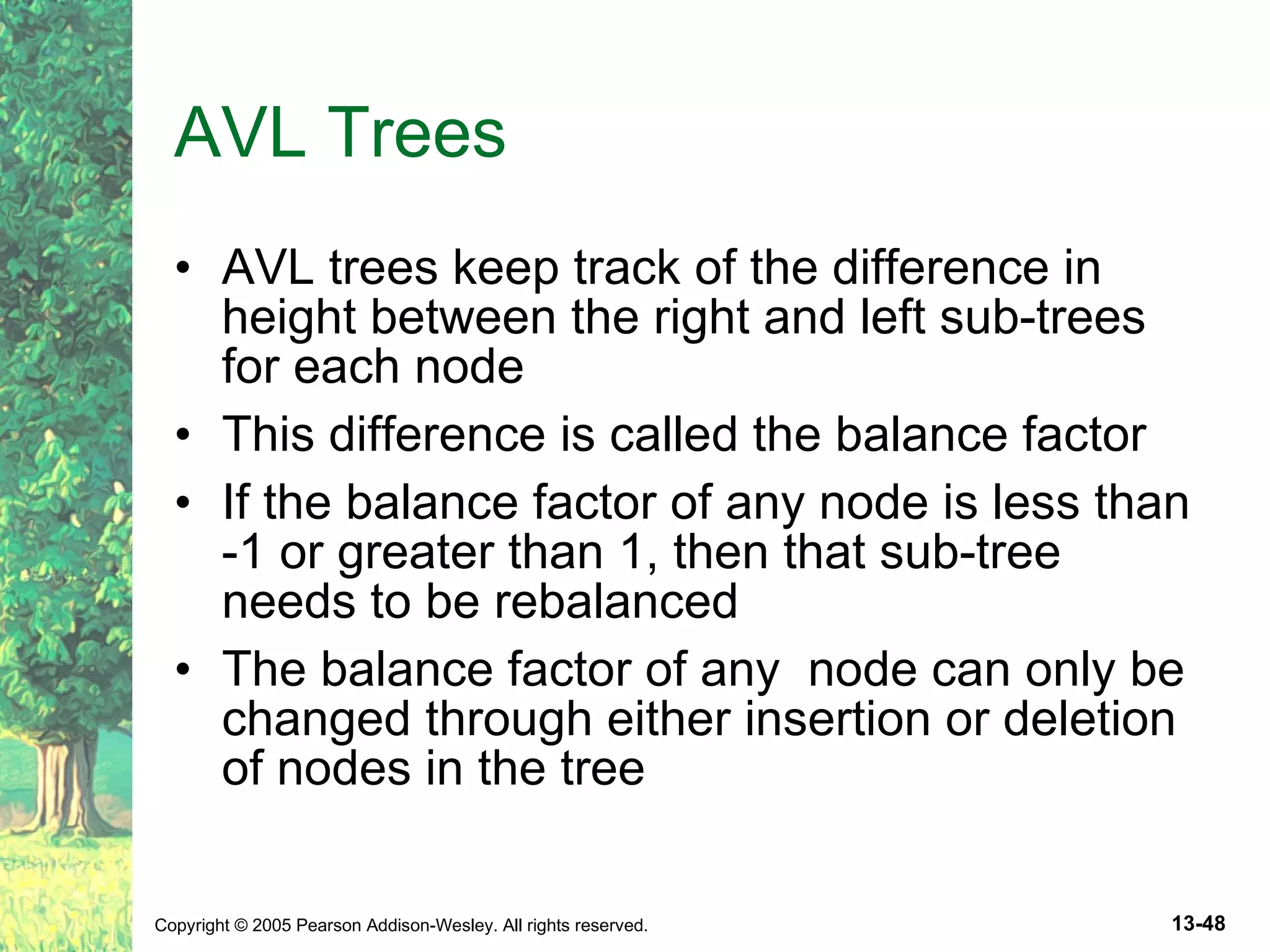 AVL Trees AVL trees keep track of the difference in height between the right and left sub-trees for each node This difference is called the balance factor If the balance factor of any node is less than -1 or greater than 1, then that sub-tree needs to be rebalanced The balance factor of any node can only be changed through either insertion or deletion of nodes in the tree 