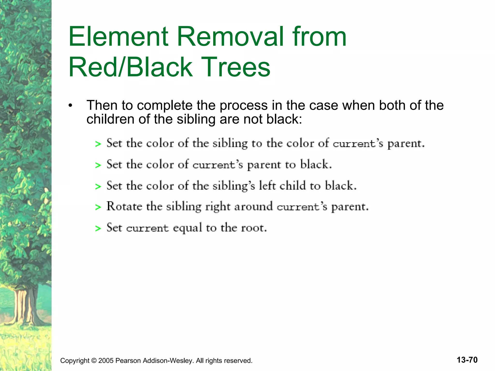 Element Removal from Red/Black Trees Then to complete the process in the case when both of the children of the sibling are not black: 