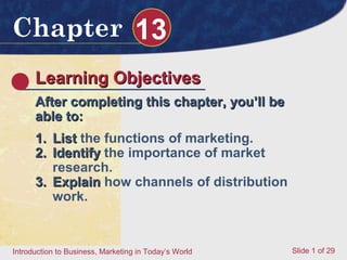 Chapter 13
      Learning Objectives
      After completing this chapter, you’ll be
      able to:
      1. List the functions of marketing.
      2. Identify the importance of market
         research.
      3. Explain how channels of distribution
         work.


Introduction to Business, Marketing in Today’s World   Slide 1 of 29
 