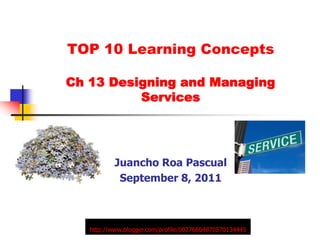 TOP 10 Learning Concepts Ch 13 Designing and Managing Services JuanchoRoaPascual September 8, 2011 http://www.blogger.com/profile/00276604870570134445 