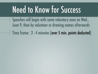 Need to Know for Success
Speeches will begin with some voluntary ones on Wed.,
June 9, then by volunteer or drawing names afterwards
Time frame: 2 - 4 minutes (over 5 min. points deducted)
 