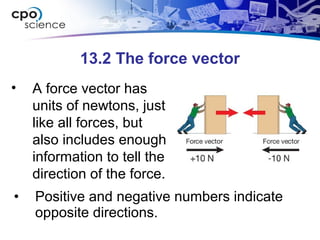 13.2 The force vector
• A force vector has
units of newtons, just
like all forces, but
also includes enough
information to tell the
direction of the force.
• Positive and negative numbers indicate
opposite directions.
 