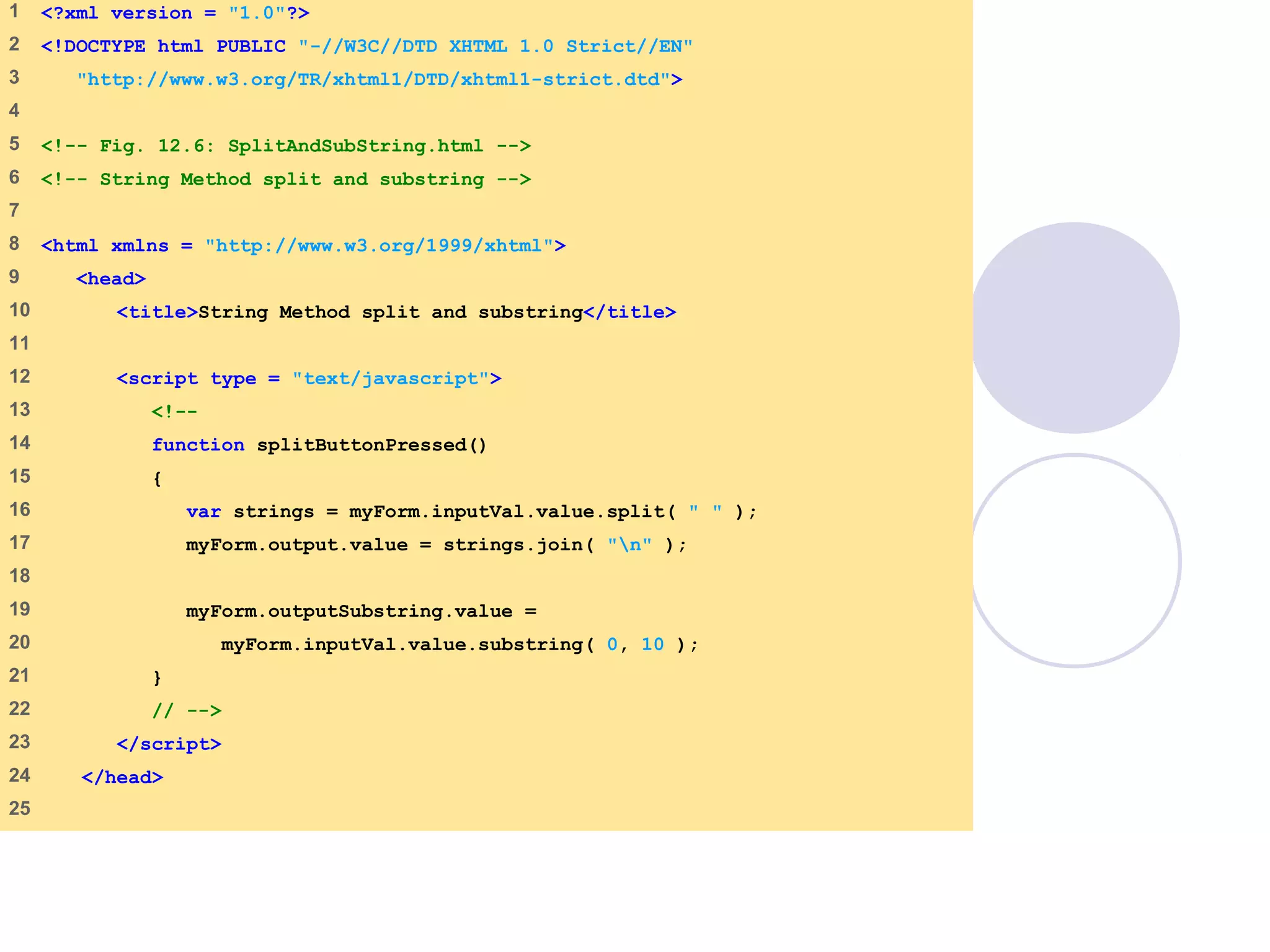 SplitAndSubString
.html
1 of 2
1 <?xml version = "1.0"?>
2 <!DOCTYPE html PUBLIC "-//W3C//DTD XHTML 1.0 Strict//EN"
3 "http://www.w3.org/TR/xhtml1/DTD/xhtml1-strict.dtd">
4
5 <!-- Fig. 12.6: SplitAndSubString.html -->
6 <!-- String Method split and substring -->
7
8 <html xmlns = "http://www.w3.org/1999/xhtml">
9 <head>
10 <title>String Method split and substring</title>
11
12 <script type = "text/javascript">
13 <!--
14 function splitButtonPressed()
15 {
16 var strings = myForm.inputVal.value.split( " " );
17 myForm.output.value = strings.join( "n" );
18
19 myForm.outputSubstring.value =
20 myForm.inputVal.value.substring( 0, 10 );
21 }
22 // -->
23 </script>
24 </head>
25
 