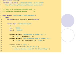 1 <?xml version = "1.0"?>
2 <!DOCTYPE html PUBLIC "-//W3C//DTD XHTML 1.0 Strict//EN"
3 "http://www.w3.org/TR/xhtml1/DTD/xhtml1-strict.dtd">
4
5 <!-- Fig. 12.4: CharacterProcessing.html -->
6 <!-- Character Processing Methods -->
7
8 <html xmlns = "http://www.w3.org/1999/xhtml">
9 <head>
10 <title>Character Processing Methods</title>
11
12 <script type = "text/javascript">
13 <!--
14 var s = "ZEBRA";
15 var s2 = "AbCdEfG";
16
17 document.writeln( "<p>Character at index 0 in '" +
18 s + "' is " + s.charAt( 0 ) );
19 document.writeln( "<br />Character code at index 0 in '"
20 + s + "' is " + s.charCodeAt( 0 ) + "</p>" );
21
22 document.writeln( "<p>'" +
23 String.fromCharCode( 87, 79, 82, 68 ) +
24 "' contains character codes 87, 79, 82 and 68</p>" )
25
 