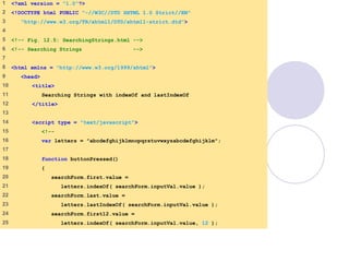 SearchingStrings
.html
1 of 3
1 <?xml version = "1.0"?>
2 <!DOCTYPE html PUBLIC "-//W3C//DTD XHTML 1.0 Strict//EN"
3 "http://www.w3.org/TR/xhtml1/DTD/xhtml1-strict.dtd">
4
5 <!-- Fig. 12.5: SearchingStrings.html -->
6 <!-- Searching Strings -->
7
8 <html xmlns = "http://www.w3.org/1999/xhtml">
9 <head>
10 <title>
11 Searching Strings with indexOf and lastIndexOf
12 </title>
13
14 <script type = "text/javascript">
15 <!--
16 var letters = "abcdefghijklmnopqrstuvwxyzabcdefghijklm";
17
18 function buttonPressed()
19 {
20 searchForm.first.value =
21 letters.indexOf( searchForm.inputVal.value );
22 searchForm.last.value =
23 letters.lastIndexOf( searchForm.inputVal.value );
24 searchForm.first12.value =
25 letters.indexOf( searchForm.inputVal.value, 12 );
 