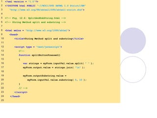 SplitAndSubString
.html
1 of 2
1 <?xml version = "1.0"?>
2 <!DOCTYPE html PUBLIC "-//W3C//DTD XHTML 1.0 Strict//EN"
3 "http://www.w3.org/TR/xhtml1/DTD/xhtml1-strict.dtd">
4
5 <!-- Fig. 12.6: SplitAndSubString.html -->
6 <!-- String Method split and substring -->
7
8 <html xmlns = "http://www.w3.org/1999/xhtml">
9 <head>
10 <title>String Method split and substring</title>
11
12 <script type = "text/javascript">
13 <!--
14 function splitButtonPressed()
15 {
16 var strings = myForm.inputVal.value.split( " " );
17 myForm.output.value = strings.join( "n" );
18
19 myForm.outputSubstring.value =
20 myForm.inputVal.value.substring( 0, 10 );
21 }
22 // -->
23 </script>
24 </head>
25
 