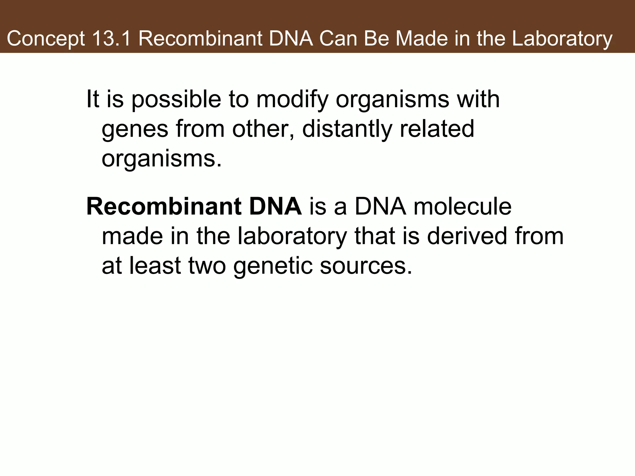 Concept 13.1 Recombinant DNA Can Be Made in the Laboratory
It is possible to modify organisms with
genes from other, distantly related
organisms.
Recombinant DNA is a DNA molecule
made in the laboratory that is derived from
at least two genetic sources.
 
