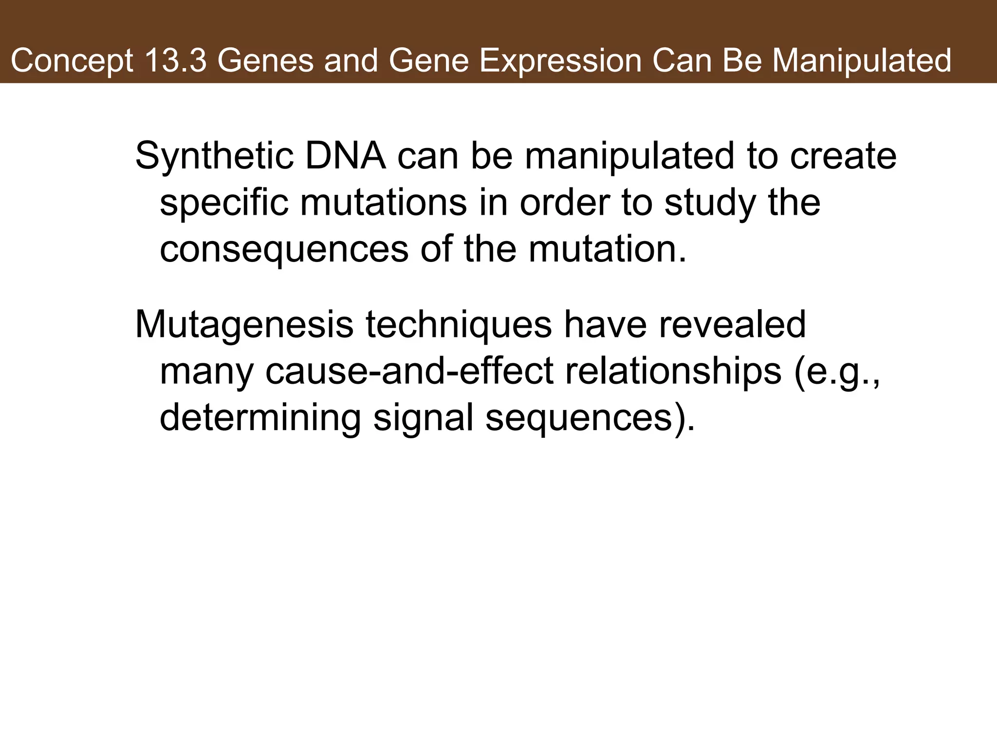 Concept 13.3 Genes and Gene Expression Can Be Manipulated
Synthetic DNA can be manipulated to create
specific mutations in order to study the
consequences of the mutation.
Mutagenesis techniques have revealed
many cause-and-effect relationships (e.g.,
determining signal sequences).
 