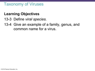© 2016 Pearson Education, Inc.
Taxonomy of Viruses
Learning Objectives
13-3 Define viral species.
13-4 Give an example of a family, genus, and
common name for a virus.
 