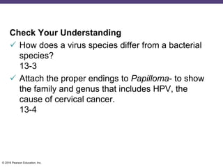 © 2016 Pearson Education, Inc.
Check Your Understanding
 How does a virus species differ from a bacterial
species?
13-3
 Attach the proper endings to Papilloma- to show
the family and genus that includes HPV, the
cause of cervical cancer.
13-4
 