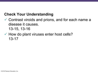 © 2016 Pearson Education, Inc.
Check Your Understanding
 Contrast viroids and prions, and for each name a
disease it causes.
13-15, 13-16
 How do plant viruses enter host cells?
13-17
 