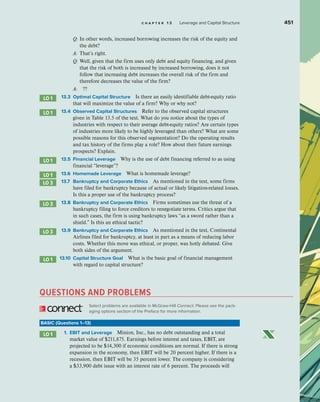c h a p t e r 1 3 Leverage and Capital Structure 451
		 Q:	
In other words, increased borrowing increases the risk of the equity and
the debt?
		 A: That’s right.
		 Q:	
Well, given that the firm uses only debt and equity financing, and given
that the risk of both is increased by increased borrowing, does it not
follow that increasing debt increases the overall risk of the firm and
therefore decreases the value of the firm?
		 A: ??
LO 1 13.3 Optimal Capital Structure Is there an easily identifiable debt-equity ratio
that will maximize the value of a firm? Why or why not?
LO 1 13.4 Observed Capital Structures Refer to the observed capital structures
given in Table 13.5 of the text. What do you notice about the types of
industries with respect to their average debt-equity ratios? Are certain types
of industries more likely to be highly leveraged than others? What are some
possible reasons for this observed segmentation? Do the operating results
and tax history of the firms play a role? How about their future earnings
prospects? Explain.
LO 1 13.5 Financial Leverage Why is the use of debt financing referred to as using
financial “leverage”?
LO 1 13.6 Homemade Leverage What is homemade leverage?
LO 3 13.7 Bankruptcy and Corporate Ethics As mentioned in the text, some firms
have filed for bankruptcy because of actual or likely litigation-related losses.
Is this a proper use of the bankruptcy process?
LO 3 13.8 Bankruptcy and Corporate Ethics Firms sometimes use the threat of a
bankruptcy filing to force creditors to renegotiate terms. Critics argue that
in such cases, the firm is using bankruptcy laws “as a sword rather than a
shield.” Is this an ethical tactic?
LO 3 13.9 Bankruptcy and Corporate Ethics As mentioned in the text, Continental
Airlines filed for bankruptcy, at least in part as a means of reducing labor
costs. Whether this move was ethical, or proper, was hotly debated. Give
both sides of the argument.
LO 1 13.10 Capital Structure Goal What is the basic goal of financial management
with regard to capital structure?
BASIC (Questions 1–13)
1. EBIT and Leverage Minion, Inc., has no debt outstanding and a total
market value of $211,875. Earnings before interest and taxes, EBIT, are
projected to be $14,300 if economic conditions are normal. If there is strong
expansion in the economy, then EBIT will be 20 percent higher. If there is a
recession, then EBIT will be 35 percent lower. The company is considering
a $33,900 debt issue with an interest rate of 6 percent. The proceeds will
LO 1
QUESTIONS AND PROBLEMS
Select problems are available in McGraw-Hill Connect. Please see the pack-
aging options section of the Preface for more information.
 