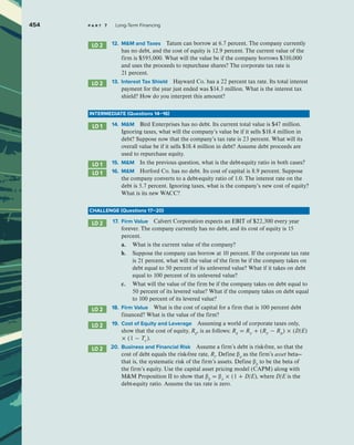 454 p a r t 7 Long-Term Financing
12. MM and Taxes Tatum can borrow at 6.7 percent. The company currently
has no debt, and the cost of equity is 12.9 percent. The current value of the
firm is $595,000. What will the value be if the company borrows $310,000
and uses the proceeds to repurchase shares? The corporate tax rate is
21 percent.
13. Interest Tax Shield Hayward Co. has a 22 percent tax rate. Its total interest
payment for the year just ended was $14.3 million. What is the interest tax
shield? How do you interpret this amount?
INTERMEDIATE (Questions 14–16)
14. MM Bird Enterprises has no debt. Its current total value is $47 million.
Ignoring taxes, what will the company’s value be if it sells $18.4 million in
debt? Suppose now that the company’s tax rate is 23 percent. What will its
overall value be if it sells $18.4 million in debt? Assume debt proceeds are
used to repurchase equity.
15. MM In the previous question, what is the debt-equity ratio in both cases?
16. MM Horford Co. has no debt. Its cost of capital is 8.9 percent. Suppose
the company converts to a debt-equity ratio of 1.0. The interest rate on the
debt is 5.7 percent. Ignoring taxes, what is the company’s new cost of equity?
What is its new WACC?
CHALLENGE (Questions 17–20)
17. Firm Value Calvert Corporation expects an EBIT of $22,300 every year
forever. The company currently has no debt, and its cost of equity is 15
percent.
a. What is the current value of the company?
b. Suppose the company can borrow at 10 percent. If the corporate tax rate
is 21 percent, what will the value of the firm be if the company takes on
debt equal to 50 percent of its unlevered value? What if it takes on debt
equal to 100 percent of its unlevered value?
c. What will the value of the firm be if the company takes on debt equal to
50 percent of its levered value? What if the company takes on debt equal
to 100 percent of its levered value?
18. Firm Value What is the cost of capital for a firm that is 100 percent debt
financed? What is the value of the firm?
19. Cost of Equity and Leverage Assuming a world of corporate taxes only,
show that the cost of equity, RE
, is as follows: RE
= RU
+ (RU
− RD
) × (D/E)
× (1 − TC
).
20. Business and Financial Risk Assume a firm’s debt is risk-free, so that the
cost of debt equals the risk-free rate, Rf
. Define βA
as the firm’s asset beta—
that is, the systematic risk of the firm’s assets. Define βE
to be the beta of
the firm’s equity. Use the capital asset pricing model (CAPM) along with
MM Proposition II to show that βE
= βA
× (1 + D/E), where D/E is the
debt-equity ratio. Assume the tax rate is zero.
LO 2
LO 2
LO 1
LO 1
LO 1
LO 2
LO 2
LO 2
LO 2
 