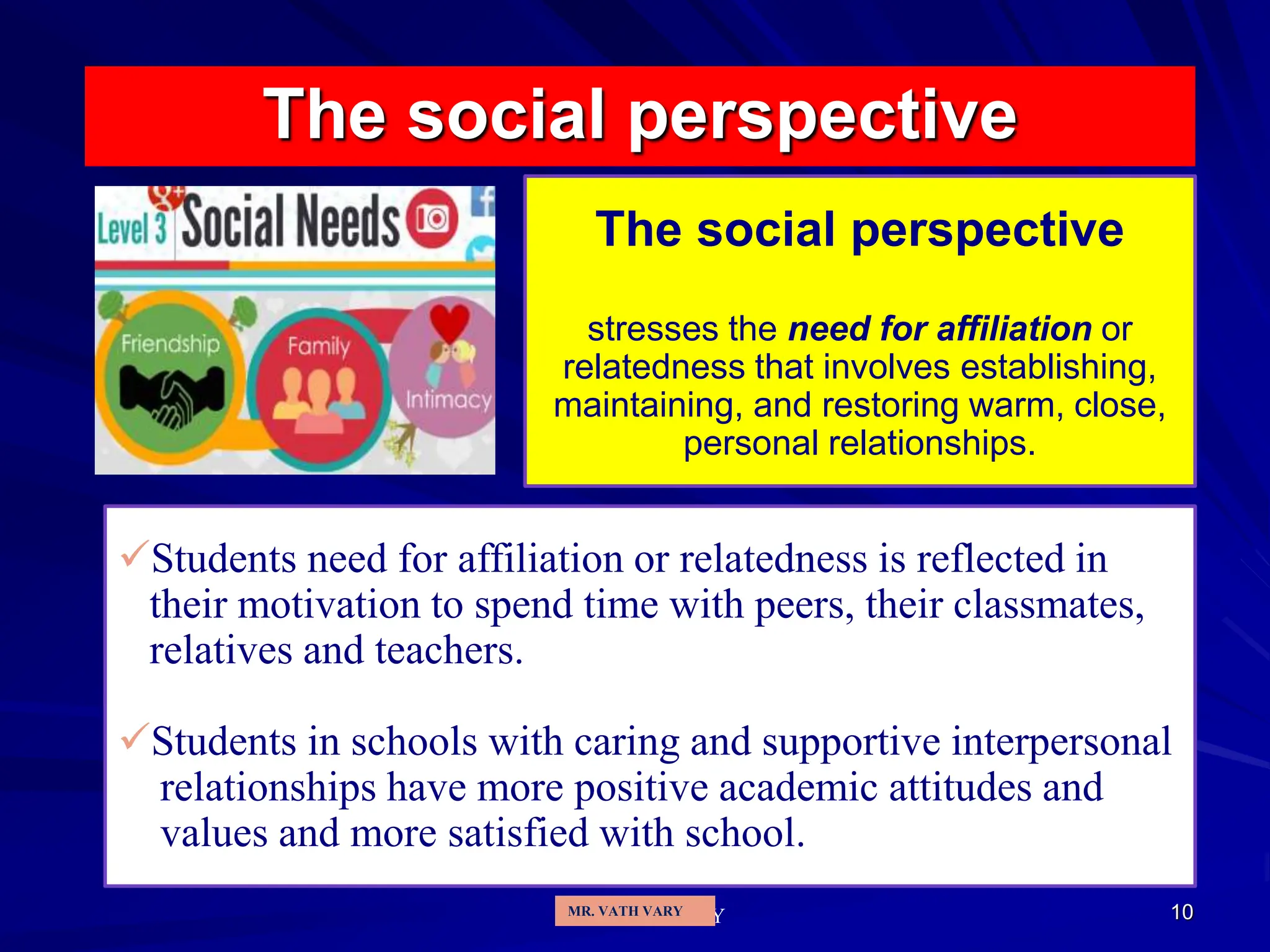10
The social perspective
The social perspective
stresses the need for affiliation or
relatedness that involves establishing,
maintaining, and restoring warm, close,
personal relationships.
Students need for affiliation or relatedness is reflected in
their motivation to spend time with peers, their classmates,
relatives and teachers.
Students in schools with caring and supportive interpersonal
relationships have more positive academic attitudes and
values and more satisfied with school.
MR. VATH VARY
MR. VATH VARY
 