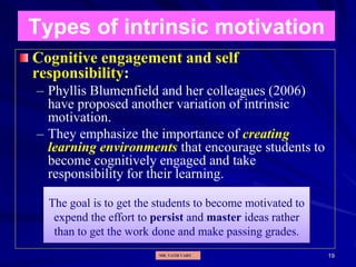 19
Types of intrinsic motivation
Cognitive engagement and self
responsibility:
– Phyllis Blumenfield and her colleagues (2006)
have proposed another variation of intrinsic
motivation.
– They emphasize the importance of creating
learning environments that encourage students to
become cognitively engaged and take
responsibility for their learning.
The goal is to get the students to become motivated to
expend the effort to persist and master ideas rather
than to get the work done and make passing grades.
MR. VATH VARY
 