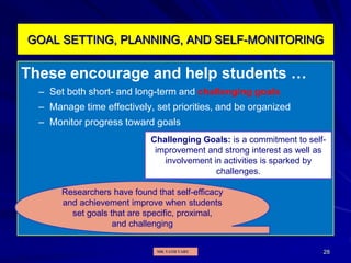 28
GOAL SETTING, PLANNING, AND SELF-MONITORING
These encourage and help students …
– Set both short- and long-term and challenging goals
– Manage time effectively, set priorities, and be organized
– Monitor progress toward goals
Researchers have found that self-efficacy
and achievement improve when students
set goals that are specific, proximal,
and challenging
Challenging Goals: is a commitment to self-
improvement and strong interest as well as
involvement in activities is sparked by
challenges.
MR. VATH VARY
 
