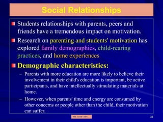 34
Social Relationships
Students relationships with parents, peers and
friends have a tremendous impact on motivation.
Research on parenting and students' motivation has
explored family demographics, child-rearing
practices, and home experiences
Demographic characteristics:
– Parents with more education are more likely to believe their
involvement in their child's education is important, be active
participants, and have intellectually stimulating materials at
home.
– However, when parents' time and energy are consumed by
other concerns or people other than the child, their motivation
can suffer.
MR. VATH VARY
 