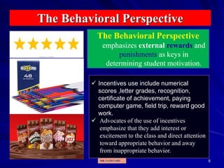 6
The Behavioral Perspective
The Behavioral Perspective
emphasizes external rewards and
punishments as keys in
determining student motivation.
 Incentives use include numerical
scores ,letter grades, recognition,
certificate of achievement, paying
computer game, field trip, reward good
work.
 Advocates of the use of incentives
emphasize that they add interest or
excitement to the class and direct attention
toward appropriate behavior and away
from inappropriate behavior.
MR. VATH VARY
 