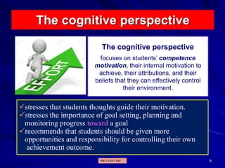 9
The cognitive perspective
The cognitive perspective
focuses on students’ competence
motivation, their internal motivation to
achieve, their attributions, and their
beliefs that they can effectively control
their environment.
stresses that students thoughts guide their motivation.
stresses the importance of goal setting, planning and
monitoring progress toward a goal
recommends that students should be given more
opportunities and responsibility for controlling their own
achievement outcome.
MR. VATH VARY
 