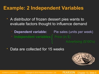 Copyright © 2016 Pearson Education, Ltd. Chapter 13, Slide 5
Example: 2 Independent Variables
 A distributor of frozen dessert pies wants to
evaluate factors thought to influence demand
 Dependent variable: Pie sales (units per week)
 Independent variables: Price (in $)
Advertising ($100’s)
 Data are collected for 15 weeks
 
