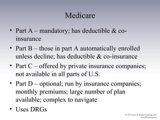 Medicare
• Part A – mandatory; has deductible & co-
  insurance
• Part B – those in part A automatically enrolled
  unless decline; has deductible & co-insurance
• Part C – offered by private insurance companies;
  not available in all parts of U.S.
• Part D – optional; run by insurance companies;
  monthly premiums; large number of plan
  available; complex to navigate
• Uses DRGs
 