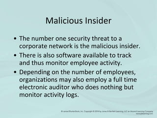 Malicious Insider
• The number one security threat to a
corporate network is the malicious insider.
• There is also software available to track
and thus monitor employee activity.
• Depending on the number of employees,
organizations may also employ a full time
electronic auditor who does nothing but
monitor activity logs.
 