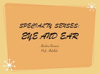 SPECIALTY SENSES:
EYE AND EAR
     Alvedina Besirevic
      Prof: Abdullah
 