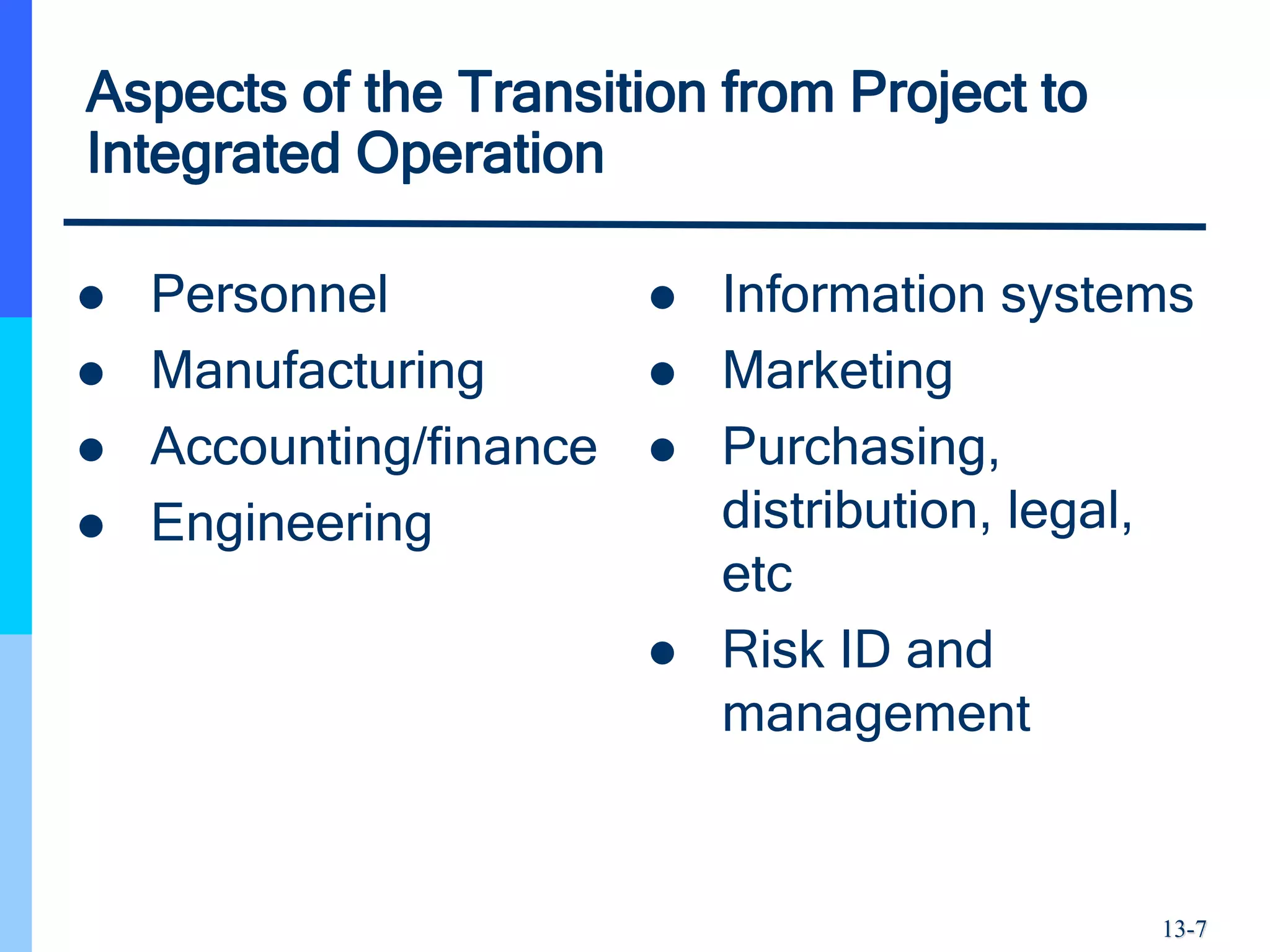 13-7
Aspects of the Transition from Project to
Integrated Operation
 Personnel
 Manufacturing
 Accounting/finance
 Engineering
 Information systems
 Marketing
 Purchasing,
distribution, legal,
etc
 Risk ID and
management
 