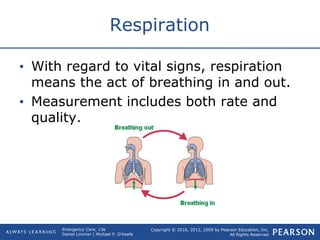 Copyright © 2016, 2012, 2009 by Pearson Education, Inc.
All Rights Reserved
Emergency Care, 13e
Daniel Limmer | Michael F. O'Keefe
Respiration
• With regard to vital signs, respiration
means the act of breathing in and out.
• Measurement includes both rate and
quality.
 