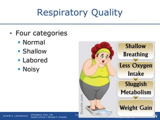 Copyright © 2016, 2012, 2009 by Pearson Education, Inc.
All Rights Reserved
Emergency Care, 13e
Daniel Limmer | Michael F. O'Keefe
Respiratory Quality
• Four categories
 Normal
 Shallow
 Labored
 Noisy
 