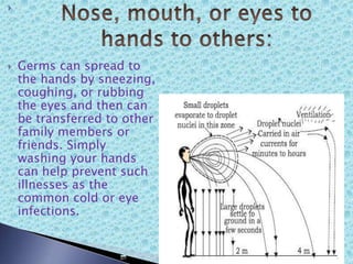 
 Germs can spread to
the hands by sneezing,
coughing, or rubbing
the eyes and then can
be transferred to other
family members or
friends. Simply
washing your hands
can help prevent such
illnesses as the
common cold or eye
infections.
 