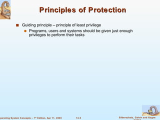 Principles of Protection Guiding principle – principle of least privilege Programs, users and systems should be given just enough privileges to perform their tasks 