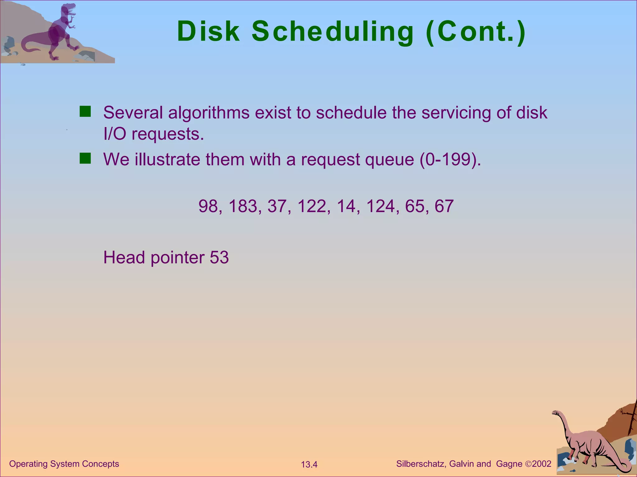 Disk Scheduling (Cont.) Several algorithms exist to schedule the servicing of disk I/O requests.  We illustrate them with a request queue (0-199). 98, 183, 37, 122, 14, 124, 65, 67 Head pointer 53 